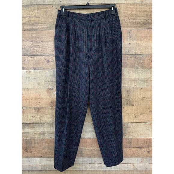 Vintage Wool Blend Herringbone Plaid Lined Pleated Trousers Pants Size 14 Cozy - Picture 1 of 10